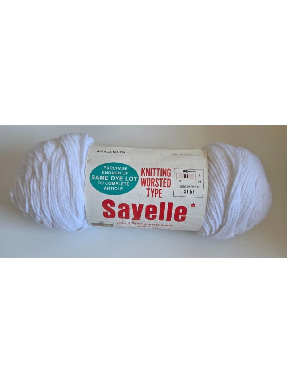 Sayelle White 4-Ply 100% Orlon Acrylic Worsted Knitting Yarn 4 Oz Vintage Kmart